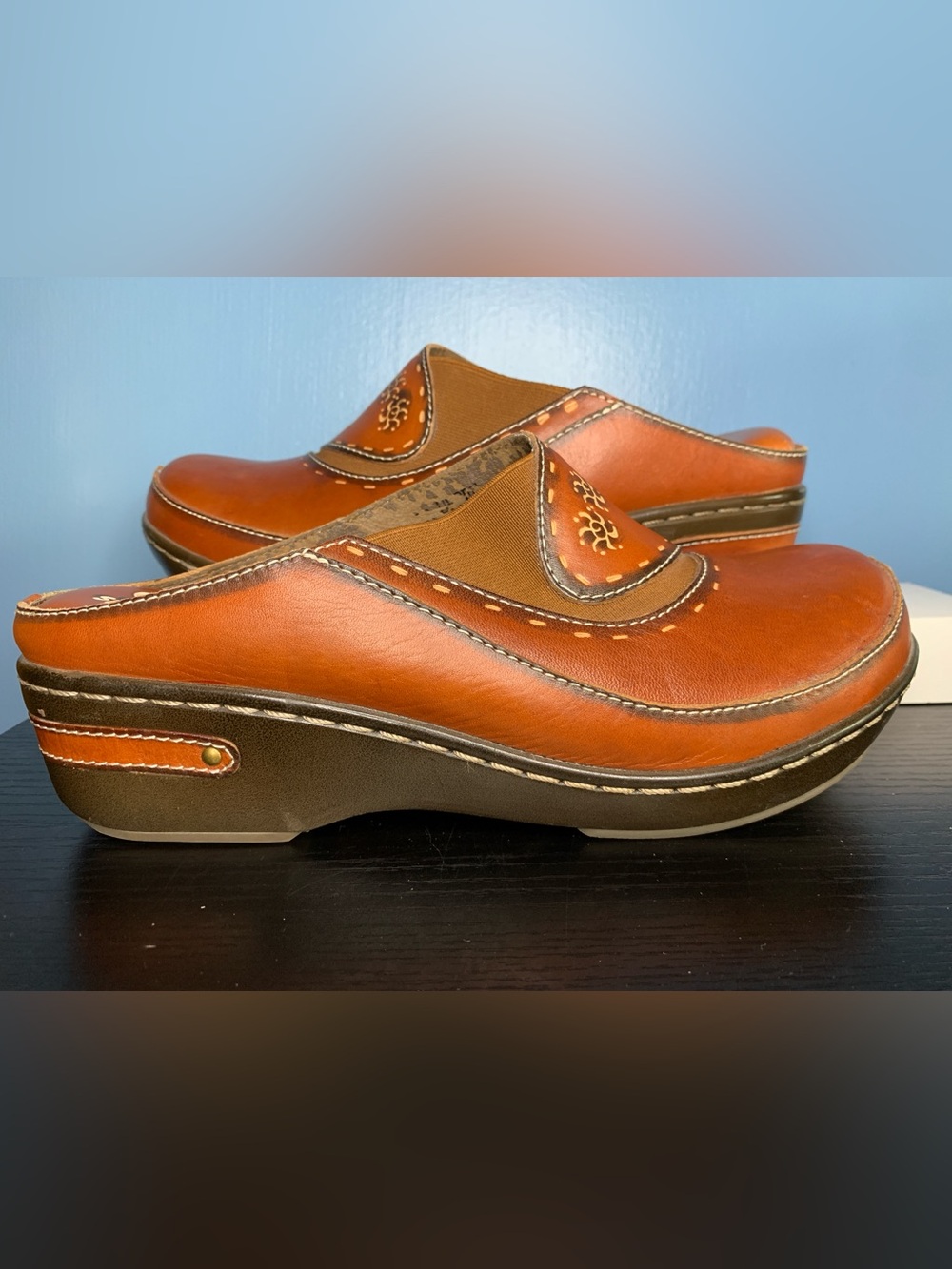 Spring Step Women’s Leather Slip-On Mules in Cognac Brown